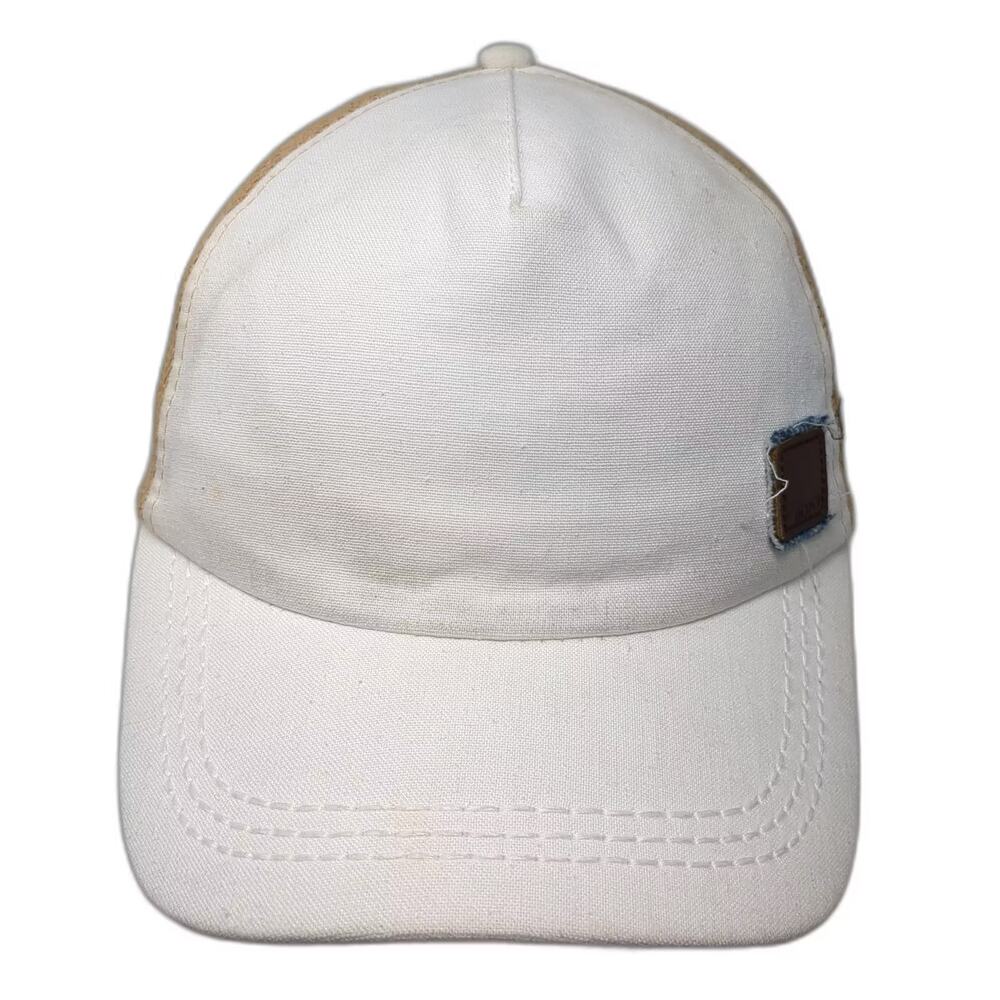 Roxy 5 Panel Hat White Beige One Size Strapback Straw Back Cotton Linen Patch
